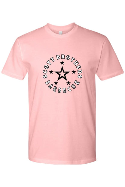 Light pink cotton t-shirt featuring a black circular Scott Brothers Barbecue logo with a central star design.