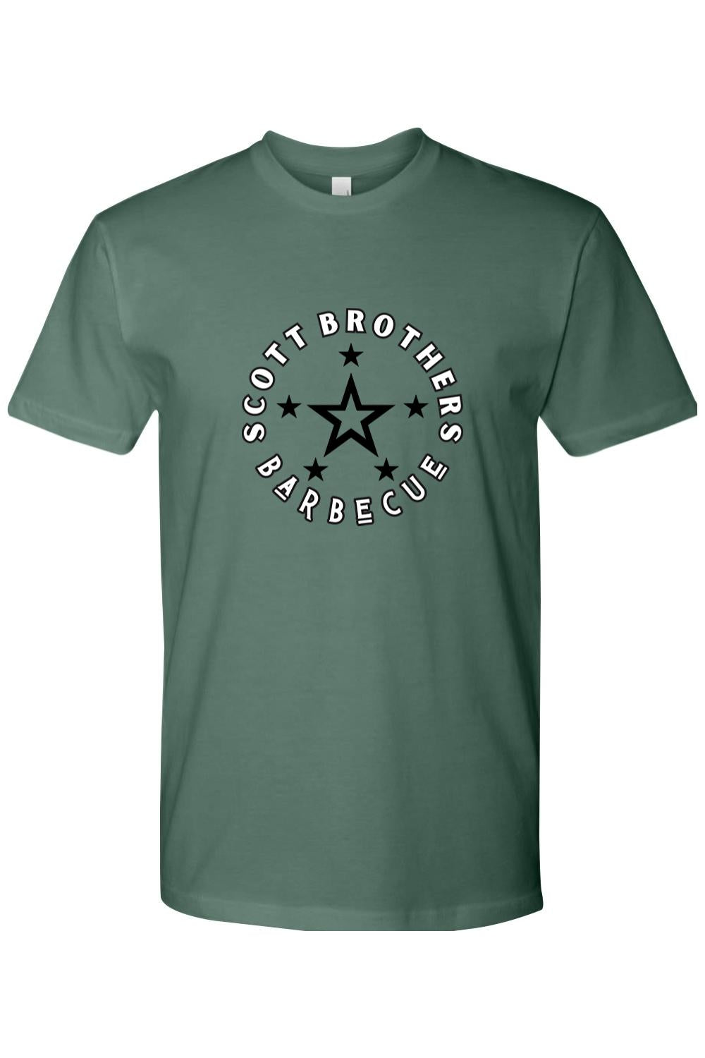 Dark green cotton t-shirt featuring a circular Scott Brothers Barbecue logo with a central black star design.