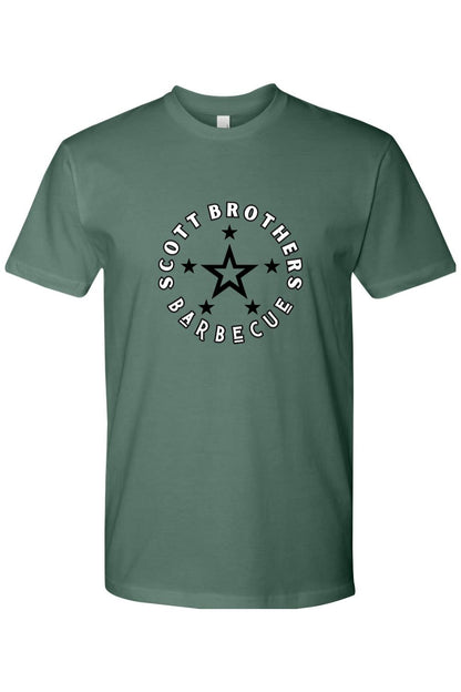 Dark green cotton t-shirt featuring a circular Scott Brothers Barbecue logo with a central black star design.