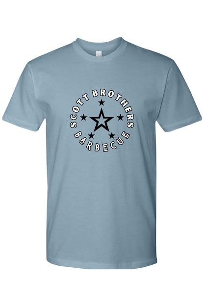 Light blue cotton t-shirt featuring a black and white circular Scott Brothers Barbecue star logo on the chest.