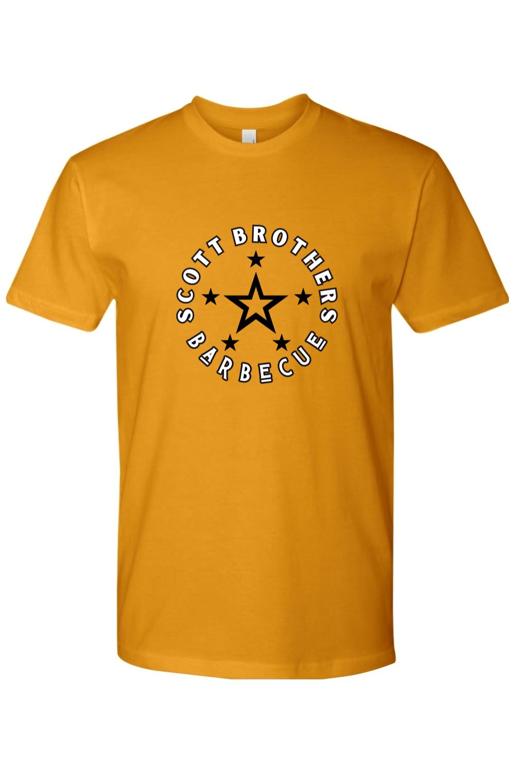 Mustard yellow cotton t-shirt featuring a black and white Scott Brothers Barbecue star logo on the chest.