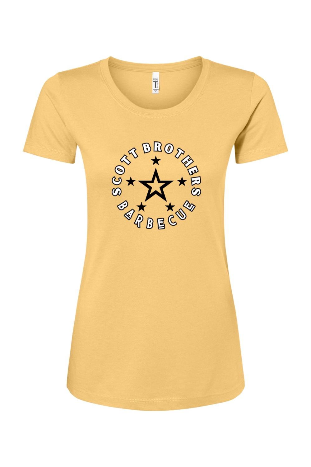 Yellow women's cotton-blend t-shirt featuring a black circular Scott Brothers Barbecue star logo on the chest.