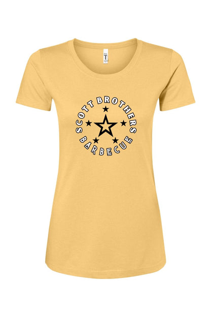 Yellow women's cotton-blend t-shirt featuring a black circular Scott Brothers Barbecue star logo on the chest.