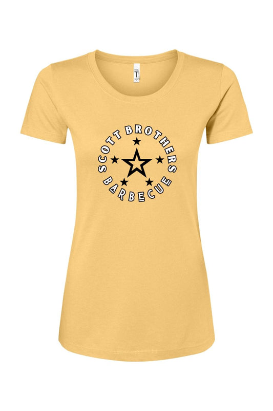 Yellow women's cotton-blend t-shirt featuring a black circular Scott Brothers Barbecue star logo on the chest.