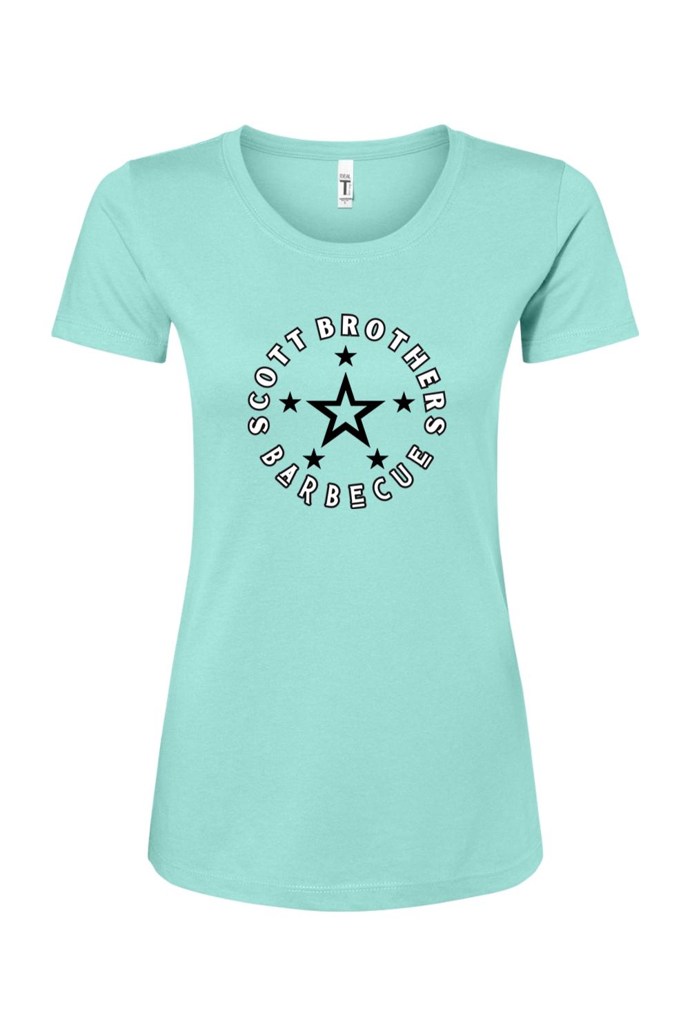 Light blue women's cotton-blend t-shirt featuring a black Scott Brothers Barbecue star logo graphic on the chest.