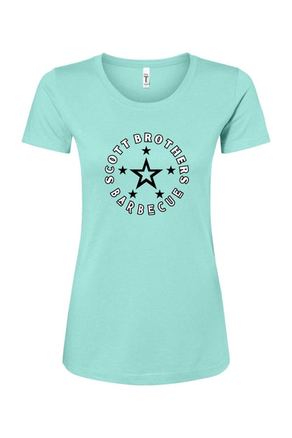Light blue women's cotton-blend t-shirt featuring a black Scott Brothers Barbecue star logo graphic on the chest.