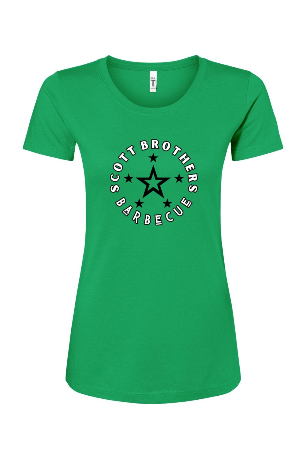 Green women's cotton-blend t-shirt featuring a black and white circular Scott Brothers Barbecue star logo.