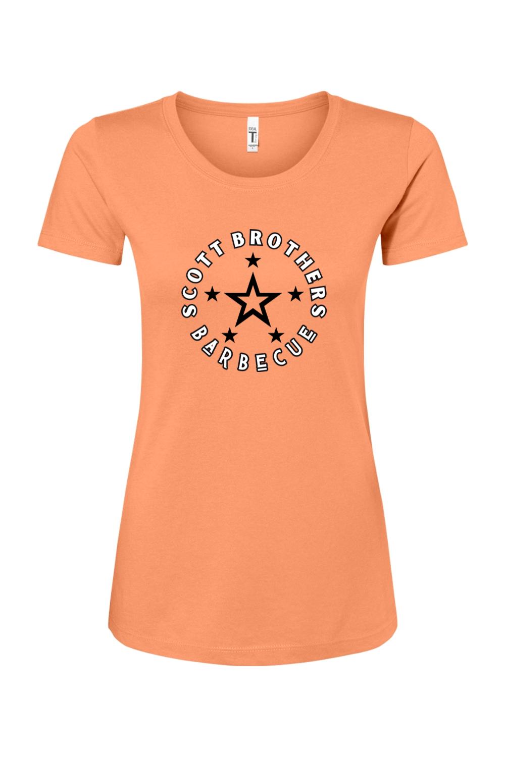 Women's peach-colored cotton blend t-shirt featuring a black Scott Brothers Barbecue star logo graphic on the front.