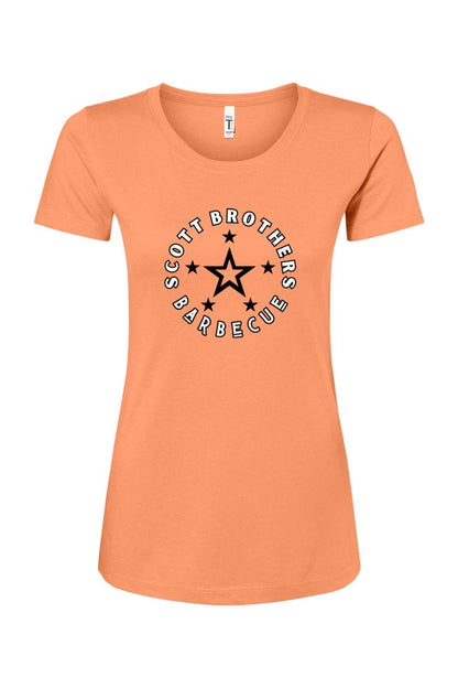 Women's peach-colored cotton blend t-shirt featuring a black Scott Brothers Barbecue star logo graphic on the front.