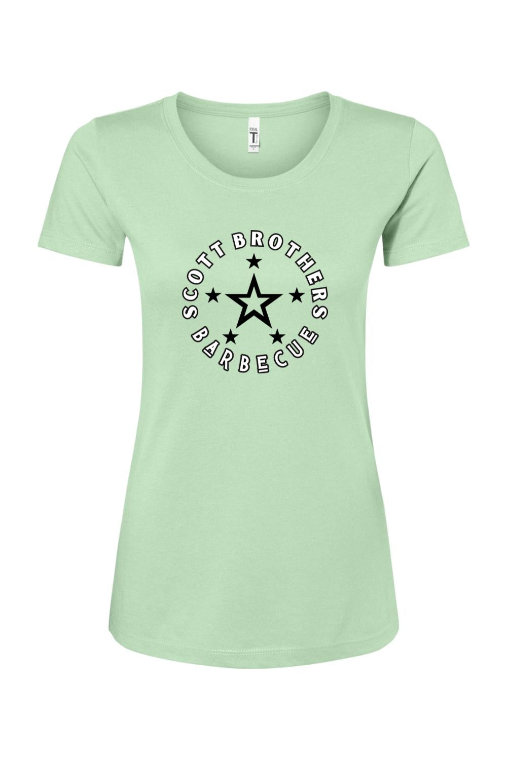 Light green women's cotton-blend t-shirt featuring a black Scott Brothers Barbecue star logo on the chest.