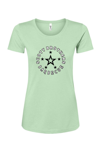 Light green women's cotton-blend t-shirt featuring a black Scott Brothers Barbecue star logo on the chest.
