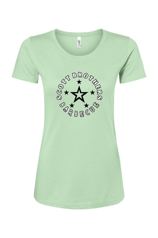 Light green women's cotton-blend t-shirt featuring a black Scott Brothers Barbecue star logo on the chest.