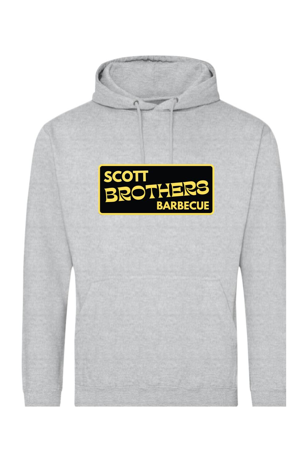 Grey pullover hoodie featuring a black and yellow Scott Brothers Barbecue logo on the chest with a drawstring hood.