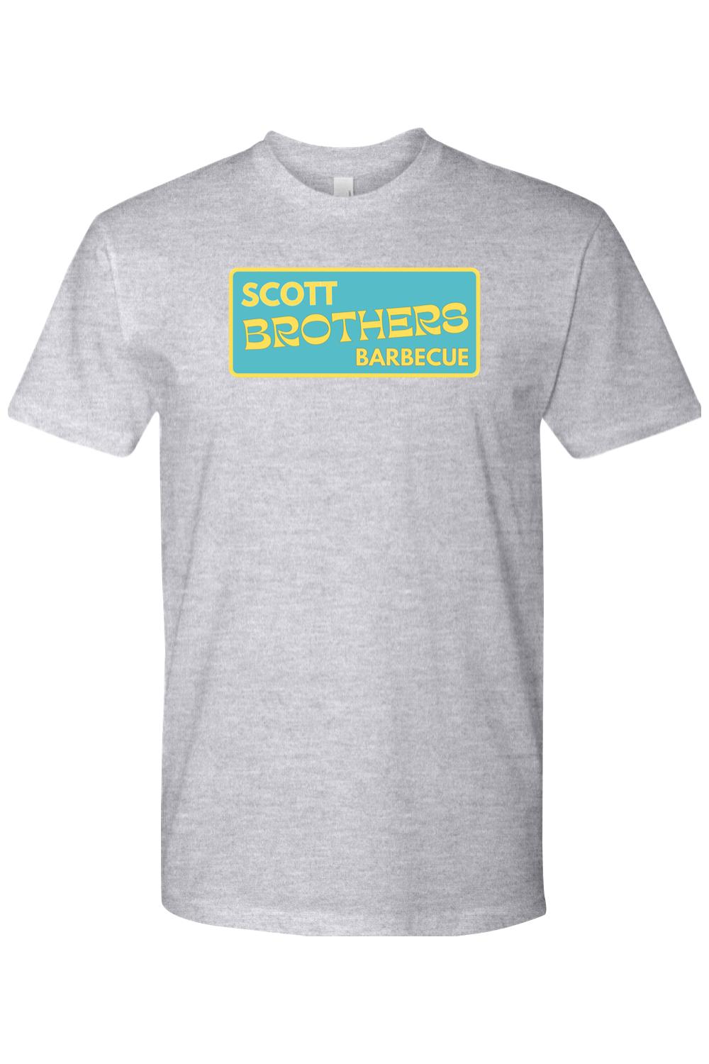 Grey cotton t-shirt featuring a rectangular teal logo with yellow Scott Brothers Barbecue text.