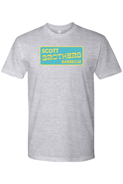 Grey cotton t-shirt featuring a rectangular teal logo with yellow Scott Brothers Barbecue text.