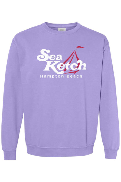 Light purple Comfort Colors crewneck sweatshirt featuring a white Sea Ketch Hampton Beach graphic with a red sailboat.