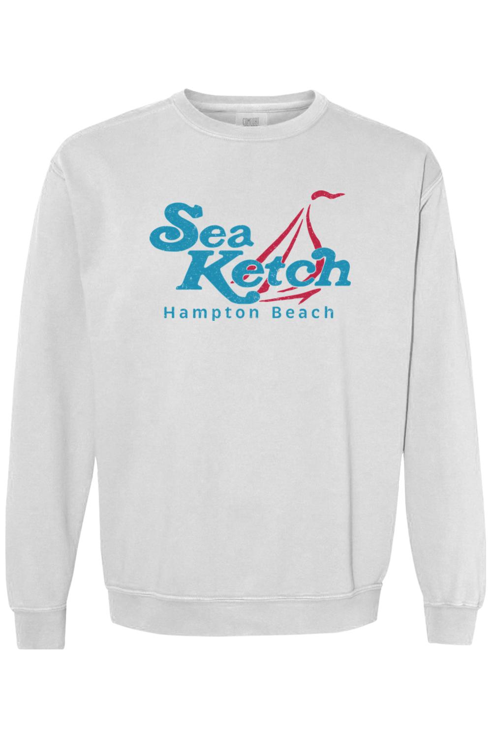 White Comfort Colors crewneck sweatshirt featuring a blue and red Sea Ketch Hampton Beach sailboat graphic.