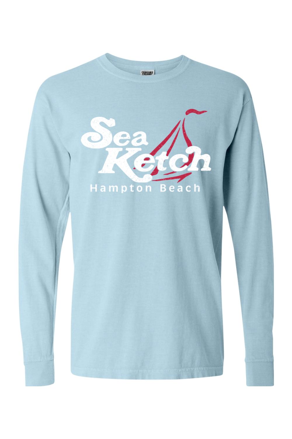Light blue Comfort Colors long sleeve t-shirt with white Sea Ketch Hampton Beach sailboat graphic print.