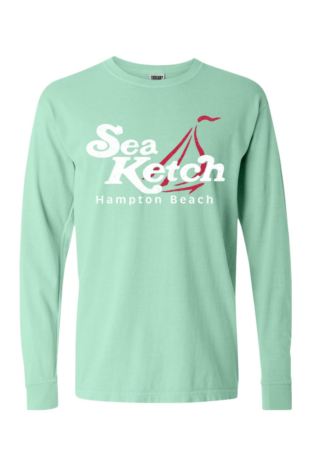 Mint green Comfort Colors long sleeve cotton t-shirt featuring a red and white Sea Ketch Hampton Beach graphic.