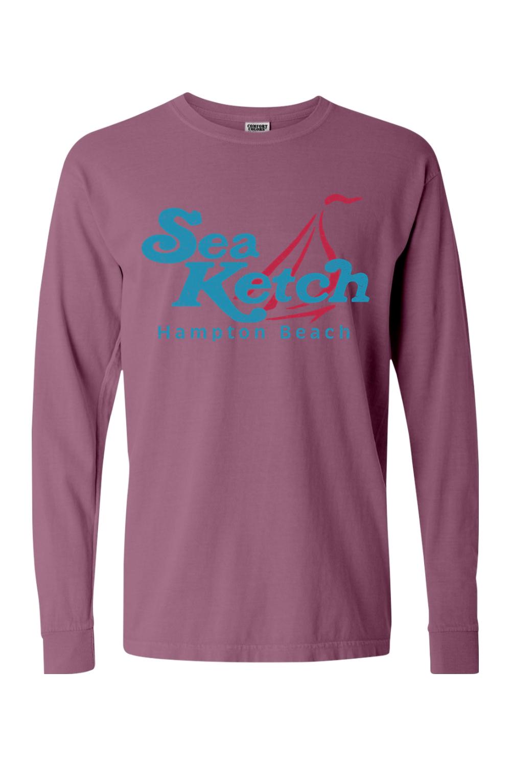 Mauve Comfort Colors long sleeve tee featuring a blue Sea Ketch Hampton Beach graphic with a red sailboat design.