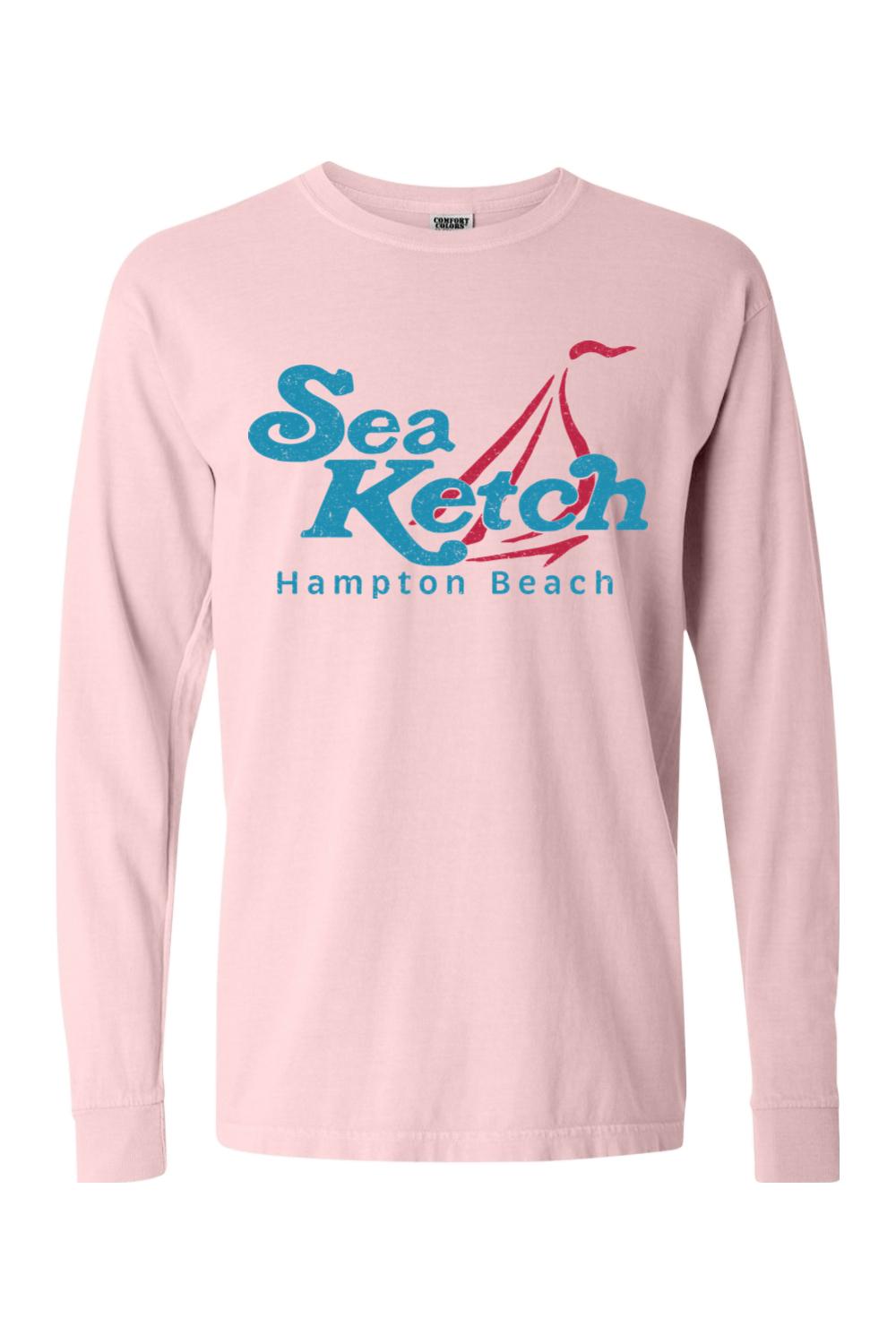 Light pink Comfort Colors long sleeve cotton t-shirt featuring a blue and red Sea Ketch Hampton Beach sailboat graphic.