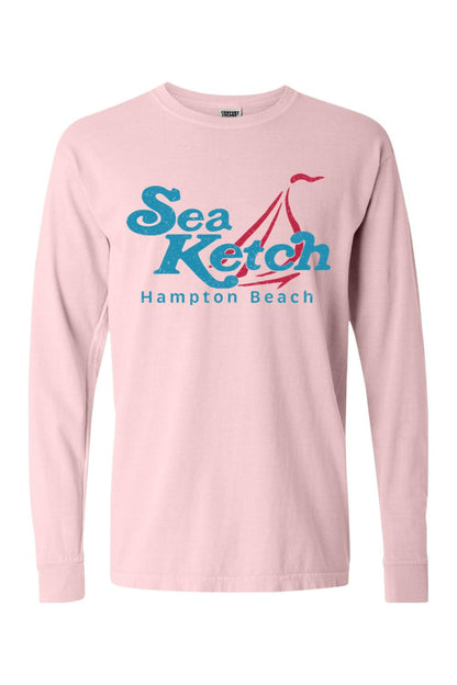 Light pink Comfort Colors long sleeve cotton t-shirt featuring a blue and red Sea Ketch Hampton Beach sailboat graphic.