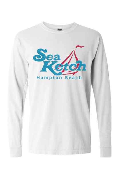 White Comfort Colors long sleeve t-shirt featuring a blue and red Sea Ketch Hampton Beach sailboat graphic.