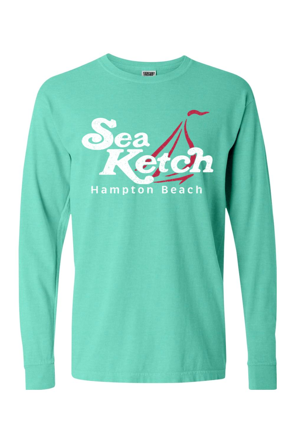 Mint green Comfort Colors long sleeve tee featuring a red sailboat graphic and Sea Ketch Hampton Beach text.