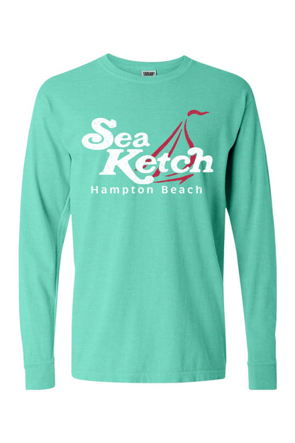 Mint green Comfort Colors long sleeve tee featuring a red sailboat graphic and Sea Ketch Hampton Beach text.