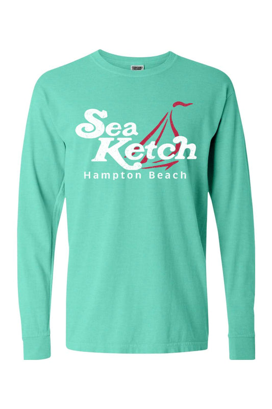 Mint green Comfort Colors long sleeve tee featuring a red sailboat graphic and Sea Ketch Hampton Beach text.