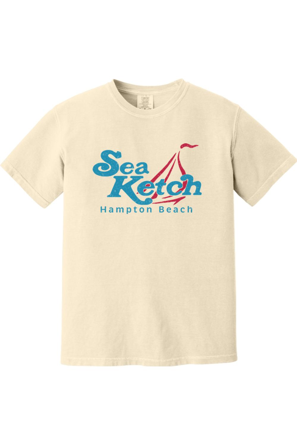 Cream-colored Comfort Colors cotton t-shirt featuring a vintage Sea Ketch Hampton Beach sailboat graphic.