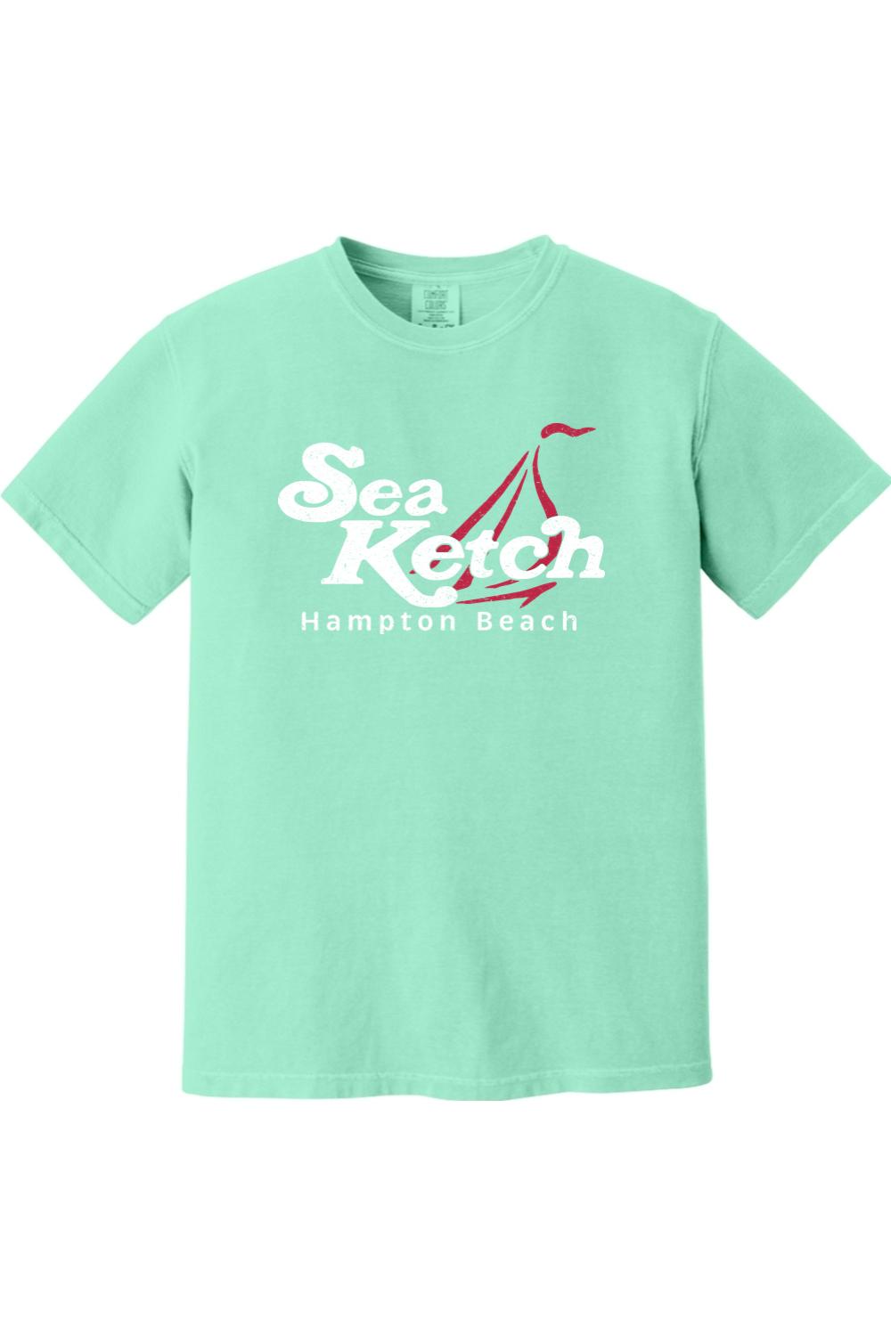 Mint green Comfort Colors cotton t-shirt featuring a red and white Sea Ketch Hampton Beach sailing graphic.