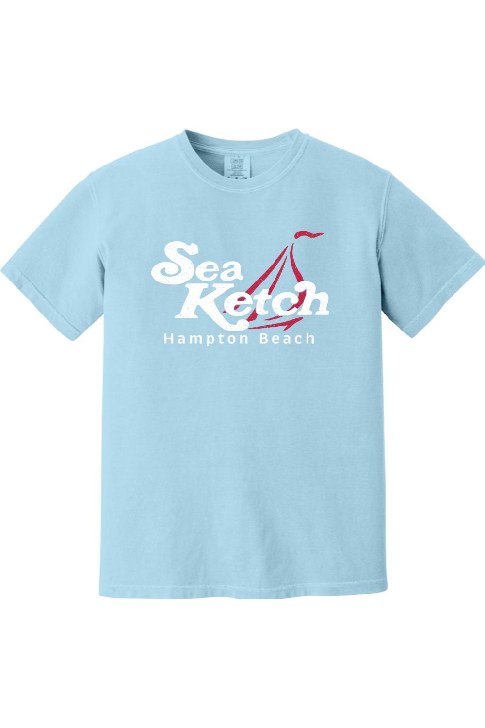 Light blue Comfort Colors cotton t-shirt featuring a white and red Sea Ketch Hampton Beach sailing graphic.