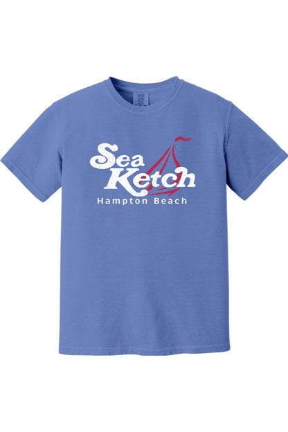 Blue Comfort Colors cotton t-shirt featuring a white and red Sea Ketch Hampton Beach sailboat graphic on the front.
