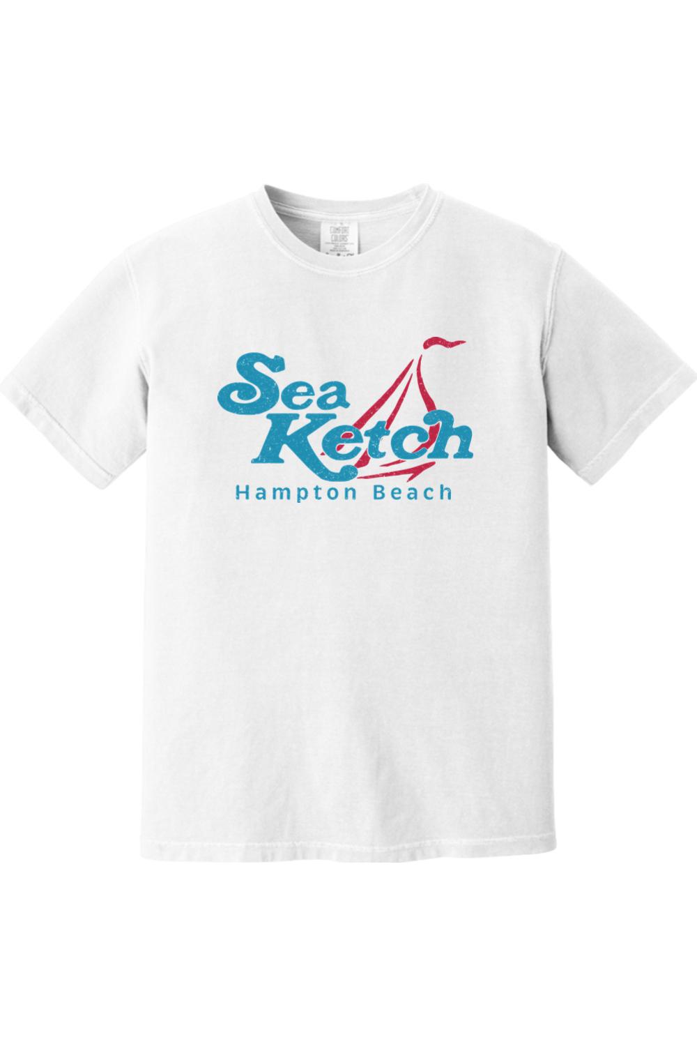 White Comfort Colors cotton t-shirt featuring a blue and red Sea Ketch Hampton Beach sailboat graphic.
