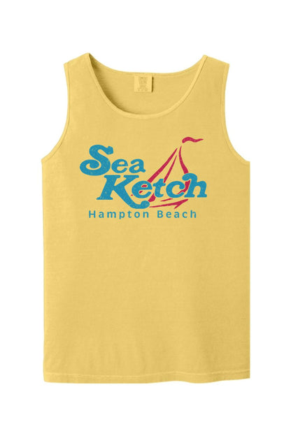 Yellow Comfort Colors tank top featuring a blue Sea Ketch Hampton Beach logo with a red sailboat graphic.