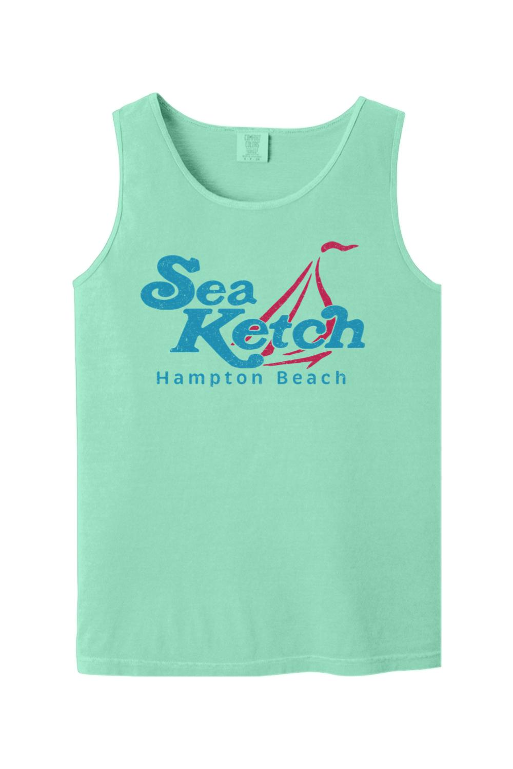 Mint green Comfort Colors tank top featuring a red and blue Sea Ketch Hampton Beach sailboat graphic.