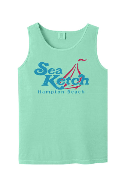Mint green Comfort Colors tank top featuring a red and blue Sea Ketch Hampton Beach sailboat graphic.