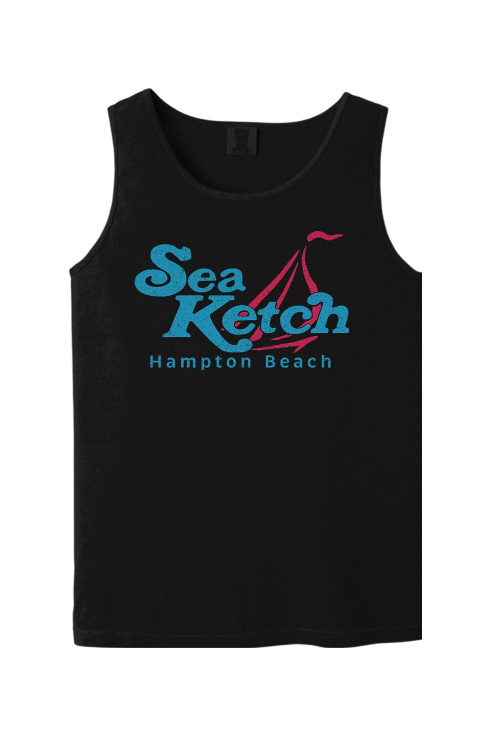 Black Comfort Colors tank top featuring a distressed blue and red Sea Ketch Hampton Beach sailboat graphic.