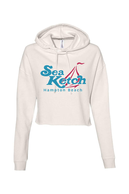 Lightweight cream cropped hoodie featuring a blue and red Sea Ketch Hampton Beach sailboat graphic.