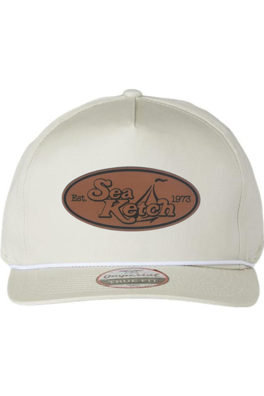 Off-white cotton twill five-panel hat with a brown leather Sea Ketch patch and a decorative white front rope.