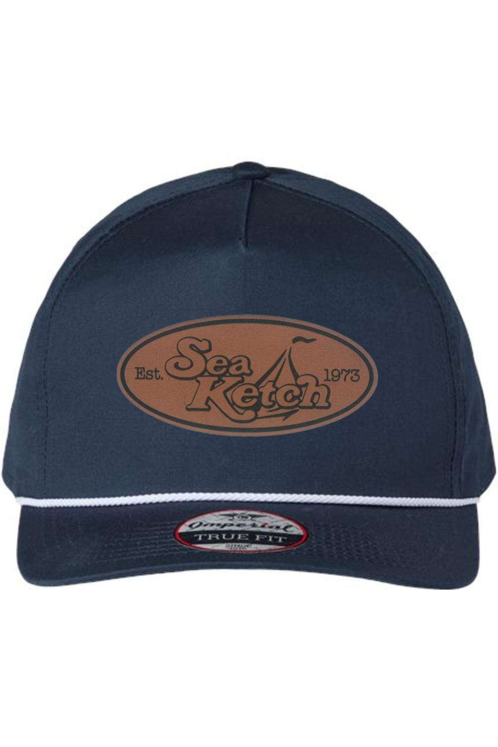 Navy blue cotton twill five-panel hat with a white rope trim and oval Sea Ketch leather patch on the front.