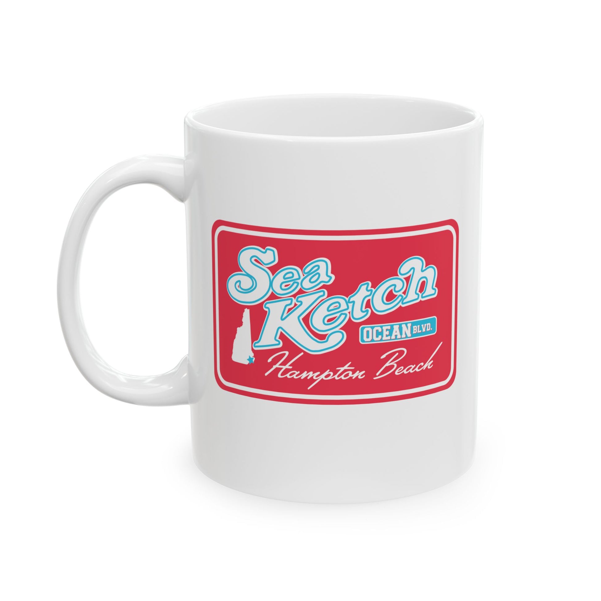 White ceramic mug featuring a red Sea Ketch Hampton Beach logo with a New Hampshire map graphic.