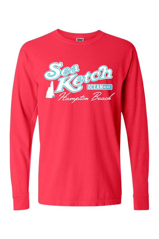 Red Comfort Colors long sleeve t-shirt with white and blue Sea Ketch Hampton Beach graphic on the chest.