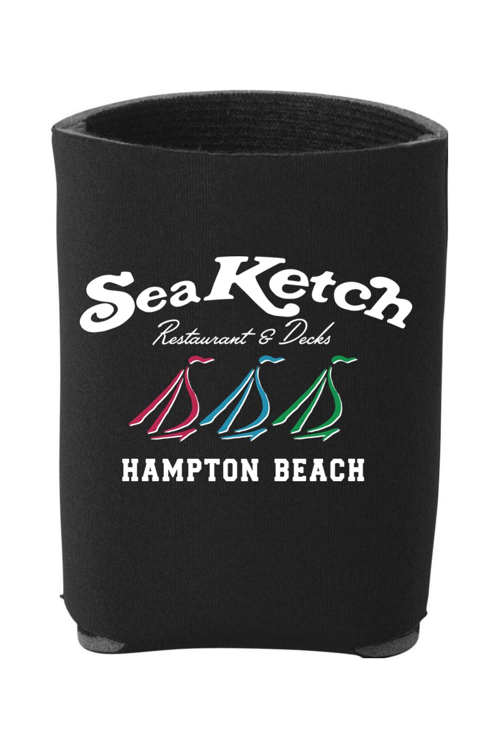 Black foam can cooler featuring the Sea Ketch Hampton Beach logo with three colorful sailboat icons.
