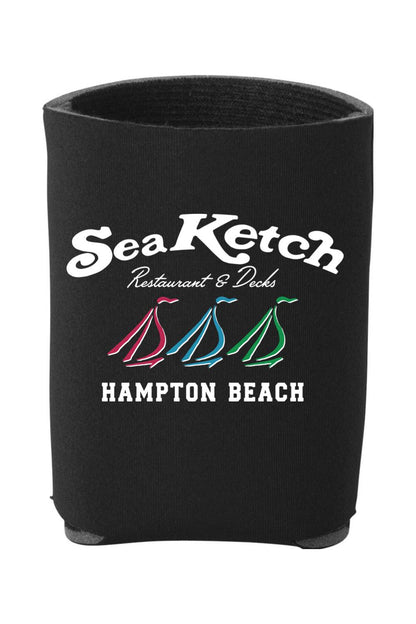 Black foam can cooler featuring the Sea Ketch Hampton Beach logo with three colorful sailboat icons.