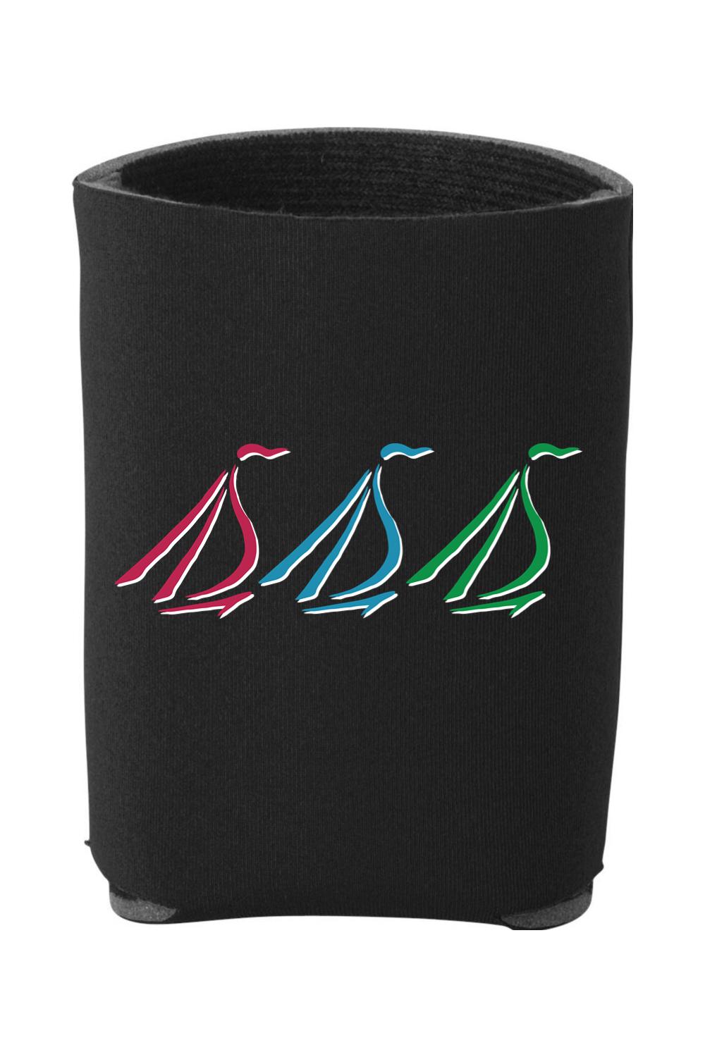 Black insulated foam can cooler featuring a graphic of three sailboats in red, blue, and green nautical style.