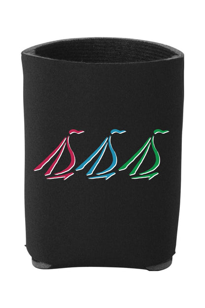 Black insulated foam can cooler featuring a graphic of three sailboats in red, blue, and green nautical style.