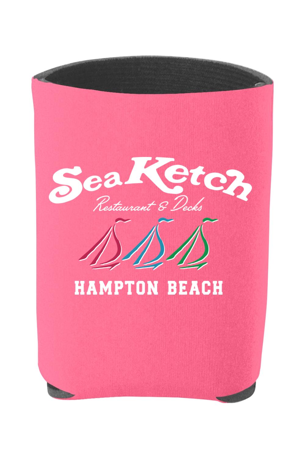 Bright pink foam can cooler featuring a white Sea Ketch Hampton Beach logo with three colorful sailboat icons.
