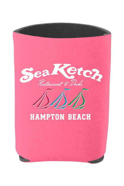 Bright pink foam can cooler featuring a white Sea Ketch Hampton Beach logo with three colorful sailboat icons.